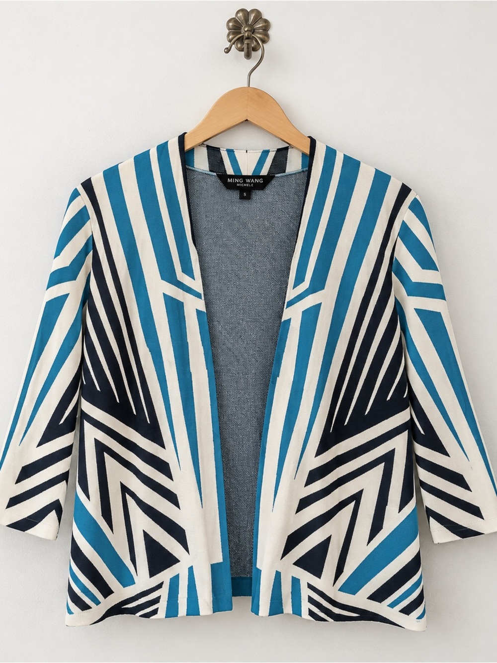 Ming Wang Blue Black Geometric 3/4 Sleeves Cardigan Top S